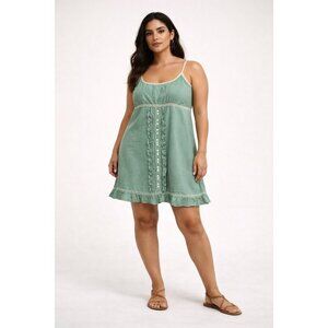 Lollia Linen Blend Mini Dress Womens Large Green Boho Spaghetti Strap Sundress